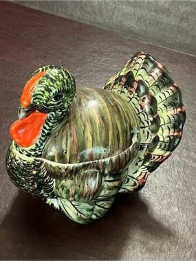 Italian Hand-Painted Ceramic Turkey Serving Bowl – Green and Orange